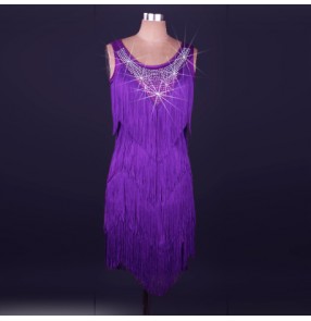 Fuchsia hot pink Royal blue red yellow green turquoise violet purple white v neck fringes rhinestones sleeveless women's girls performance competition latin salsa cha cha dance dresses